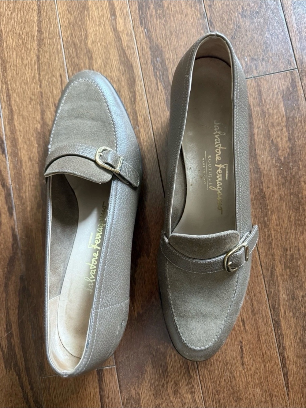 Salvatore Ferragamo Taupe Suede & Leather Loafers with Buckle size 8
